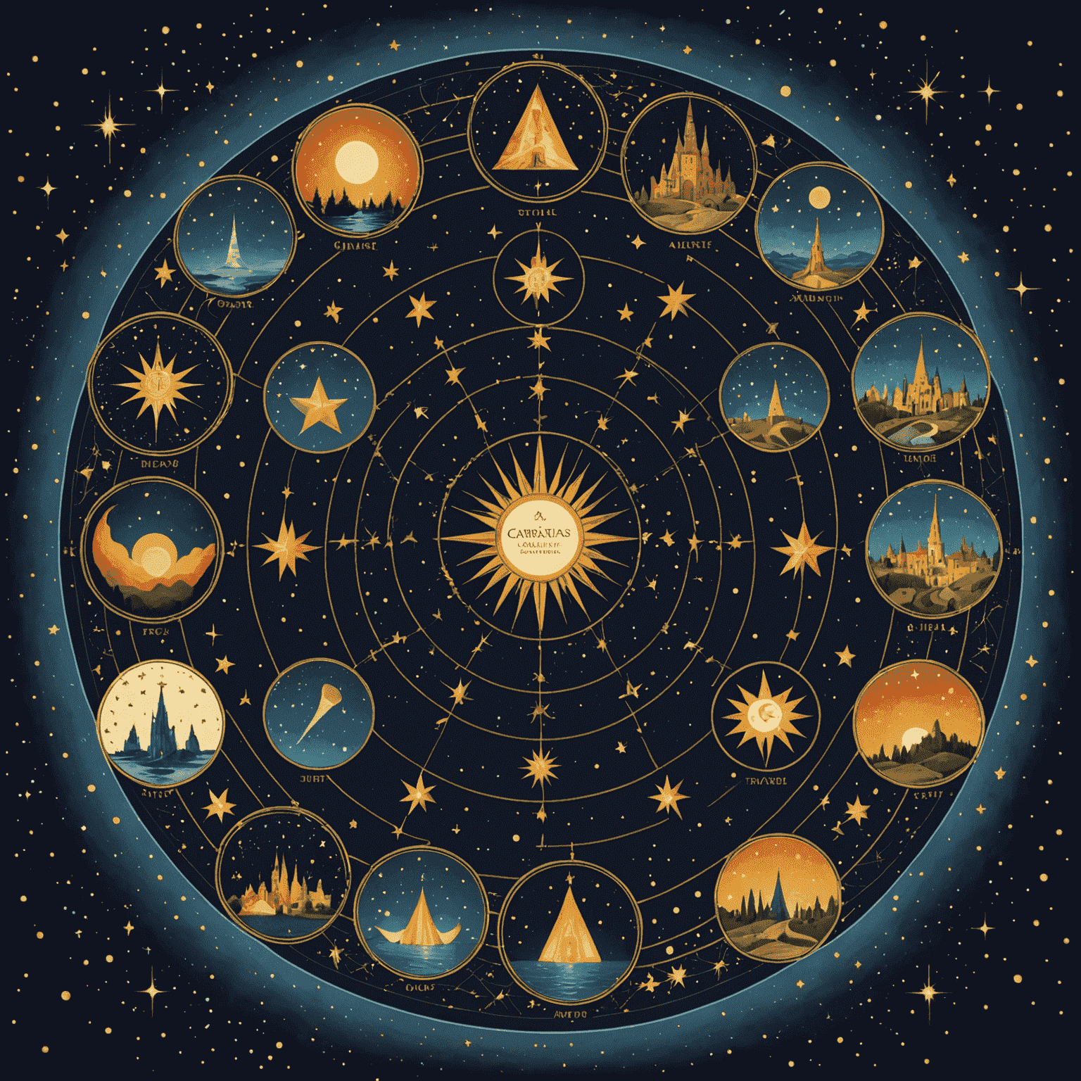 Image représentant les 22 cartes des Arcanes Majeurs du Tarot disposées en cercle sur un fond étoilé avec des constellations