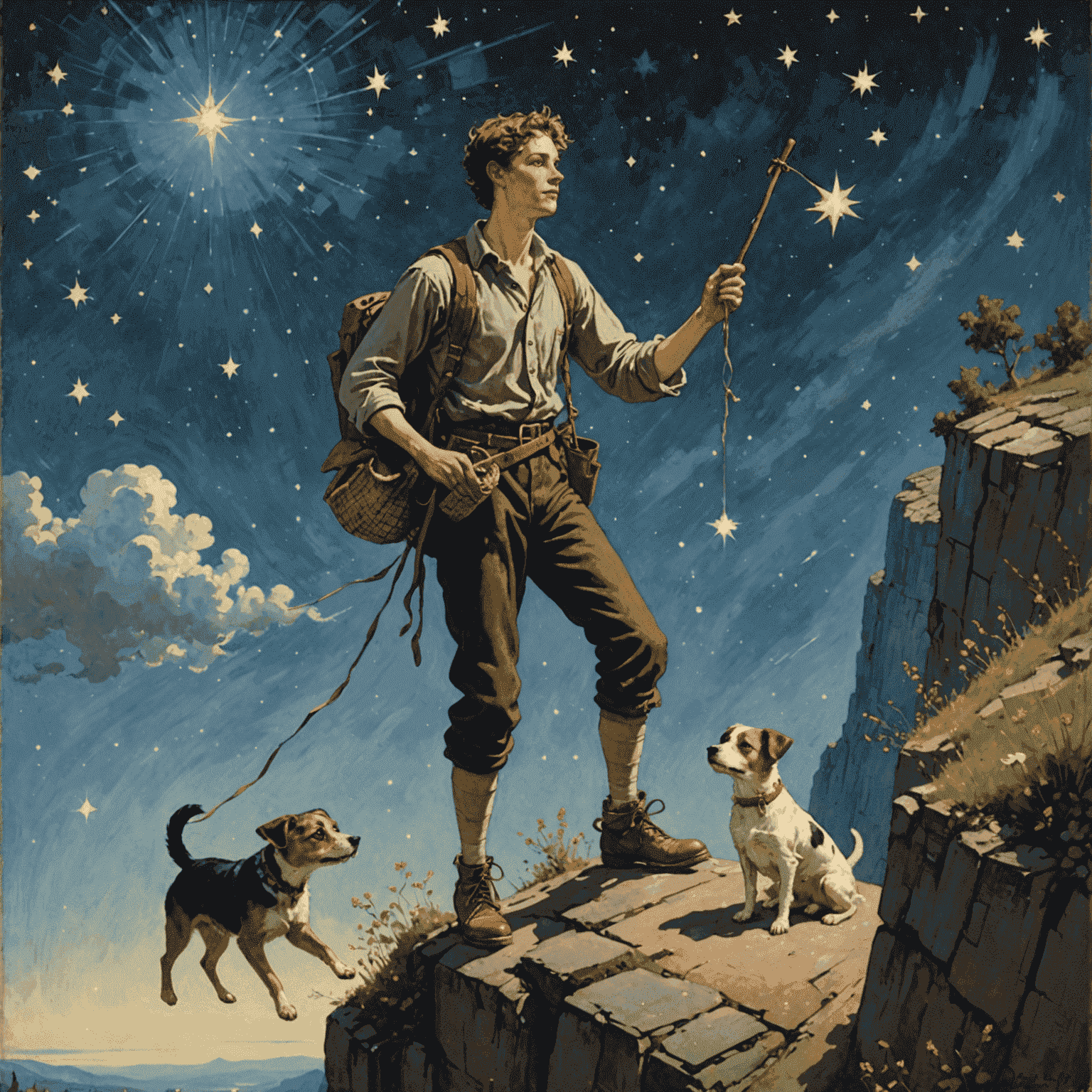 Carte du Mat : Un jeune homme insouciant au bord d'un précipice, portant un baluchon et accompagné d'un petit chien. Le ciel est parsemé d'étoiles, symbolisant les possibilités infinies.