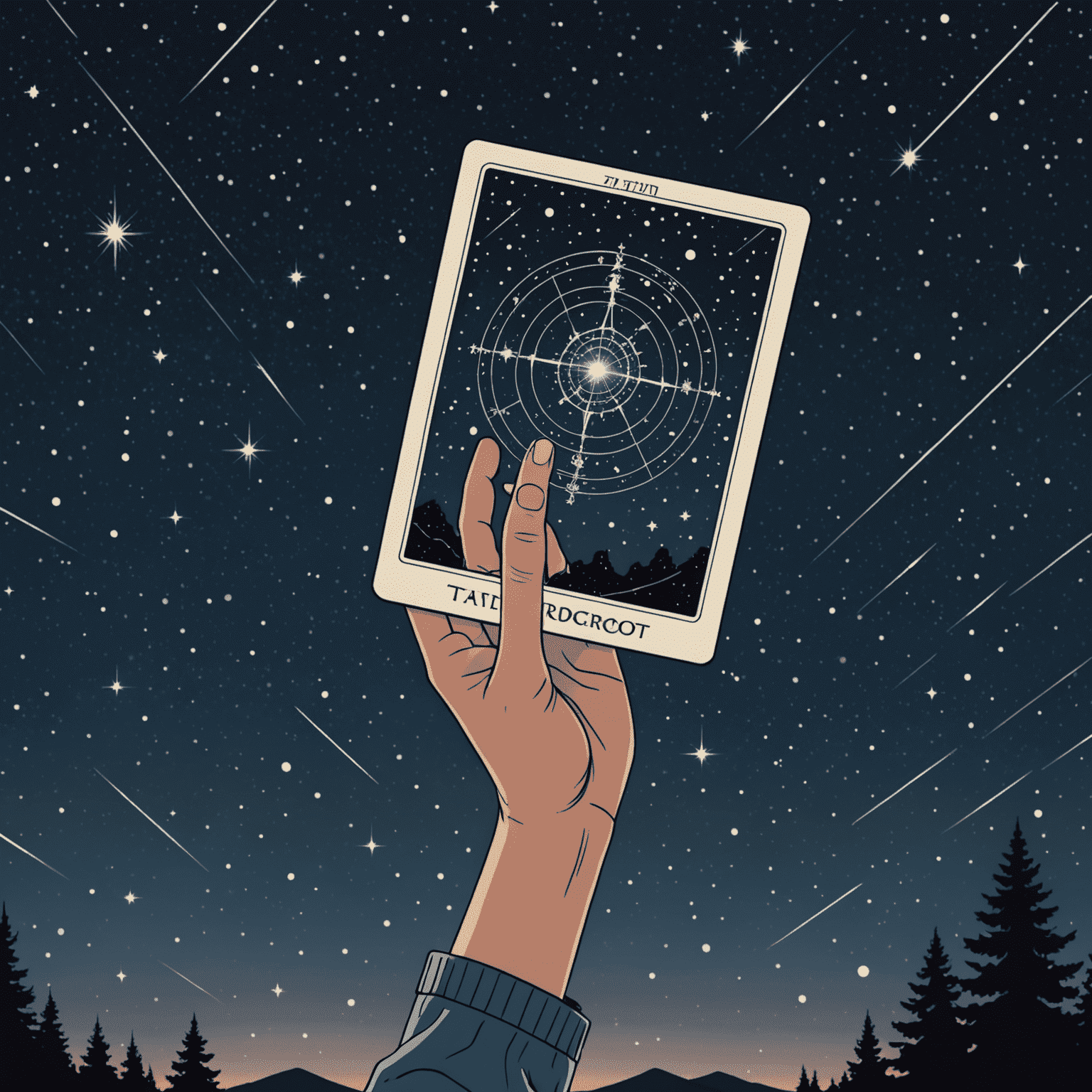 Une illustration montrant une main tenant une carte de tarot devant un ciel étoilé avec des constellations visibles, symbolisant la fusion de l'astrologie et du tarot