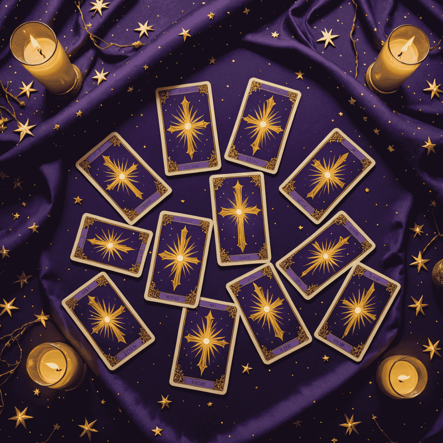 Illustration d'un tirage en croix avec cinq cartes de tarot disposées sur un tissu violet étoilé, chaque carte brillant d'une aura dorée