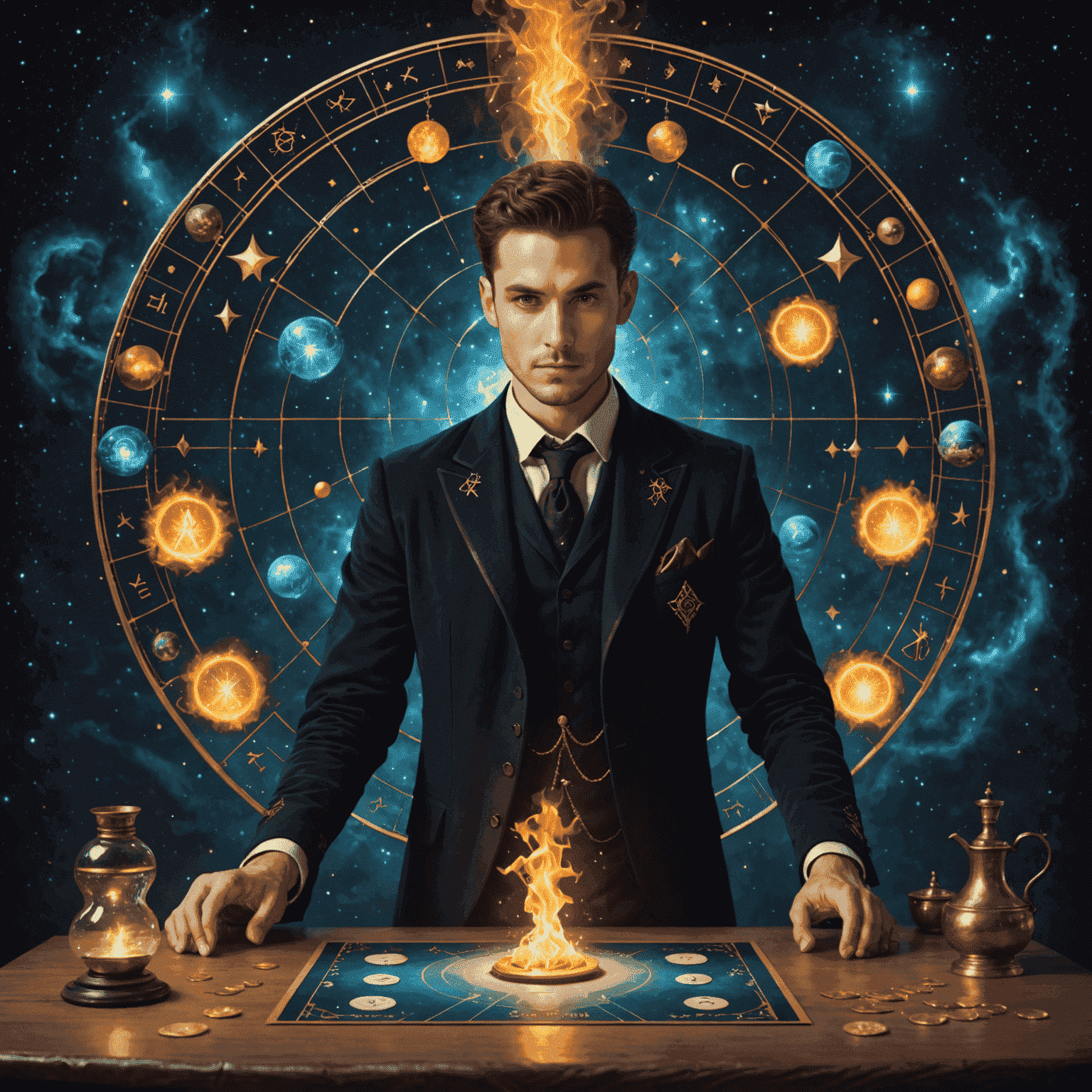 Carte du Magicien : Un homme debout devant une table avec les symboles des quatre éléments. Au-dessus de sa tête, le symbole de l'infini brille, entouré de constellations.